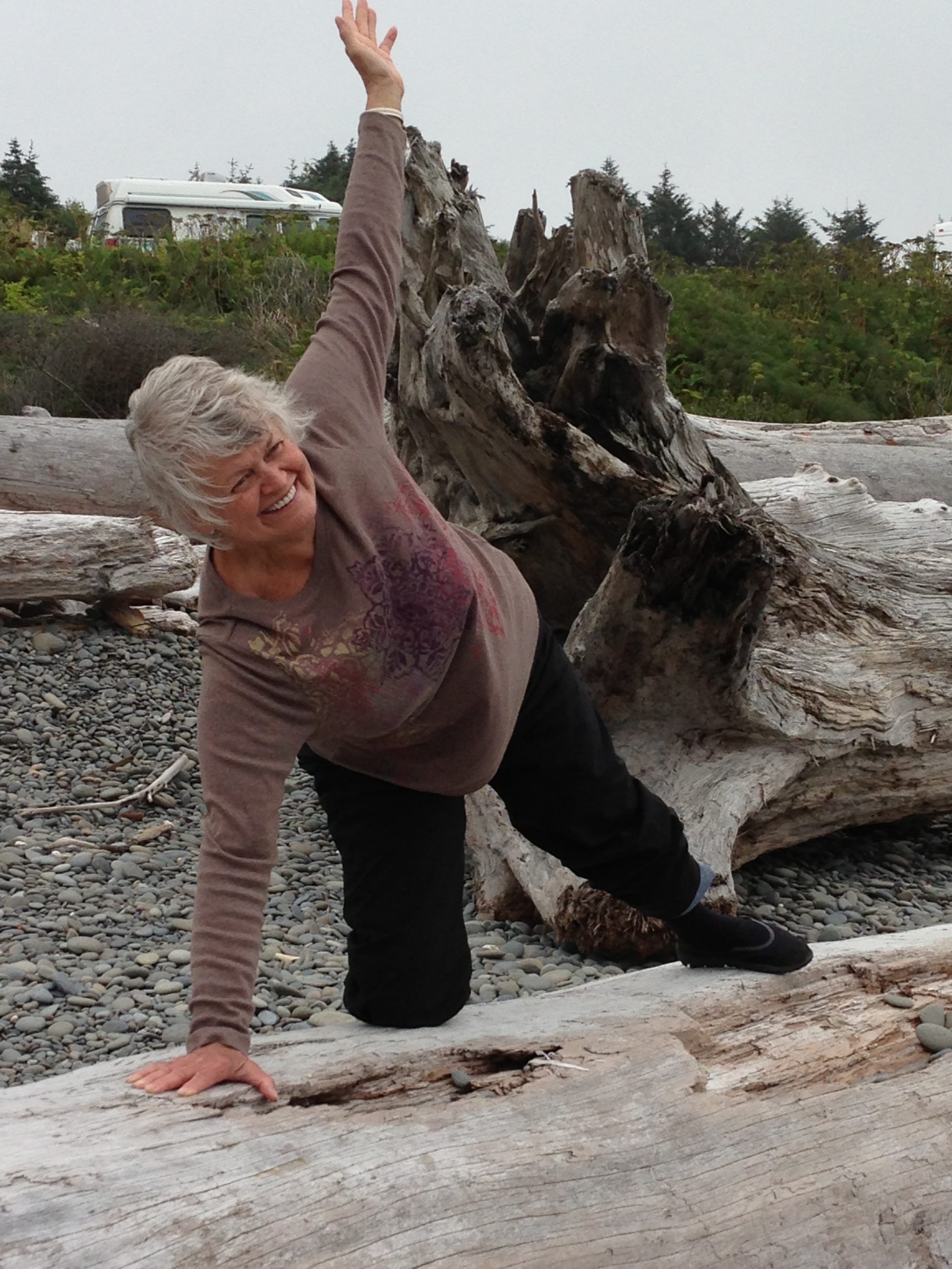 Photo of a person doing an adaptive side plank, with their right knee on a log, in a coastal region.