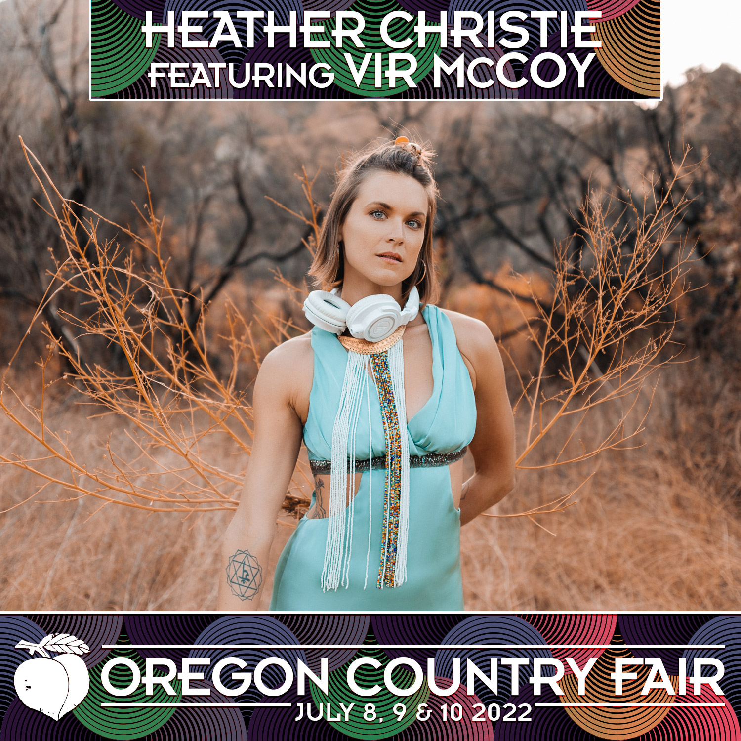 Photo of Heather Christie, with a caption including the text Heather Christie Featuring Vir McCoy, and a footer with text Oregon Country Fair, July 8, 9 & 10 2022